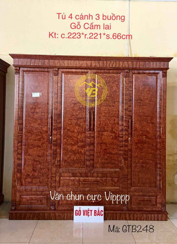 Tủ quần áo gỗ Cẩm Lai 4 cánh 3 buồng GTB248 1